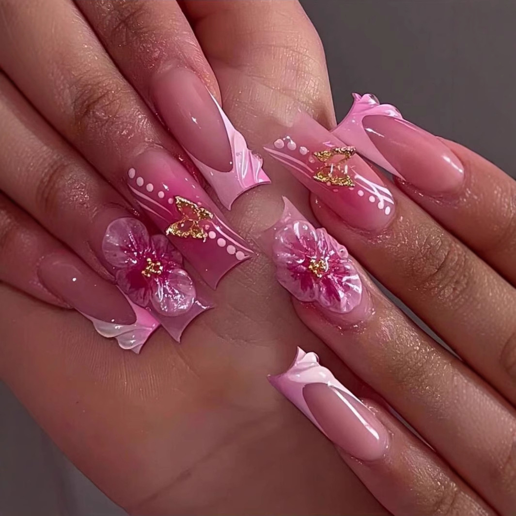 Nail Art Flower - 24pcs Wearable Square Press on Nails