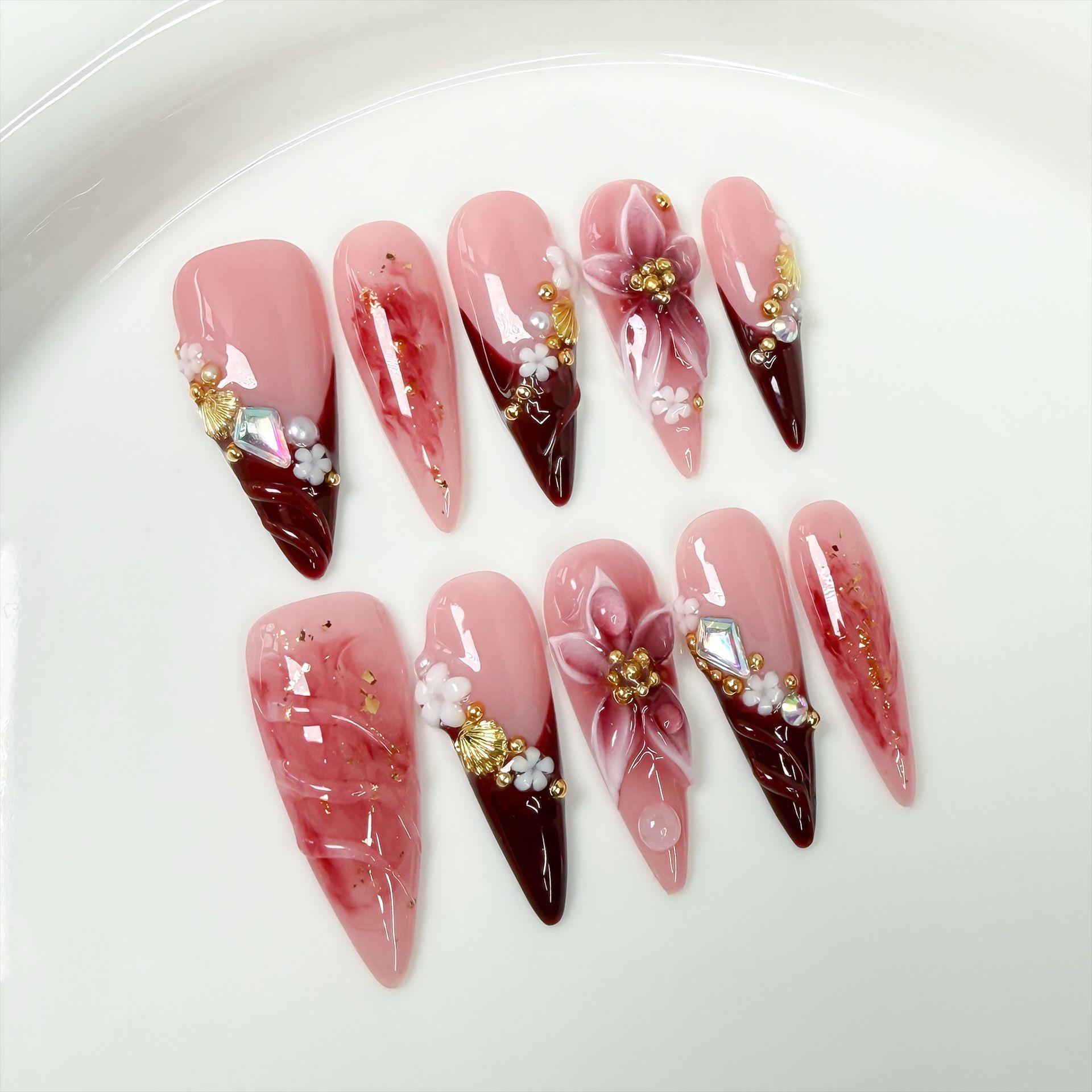 Nail Art Flower - 10Pcs Retro Long Stiletto Fake Nail