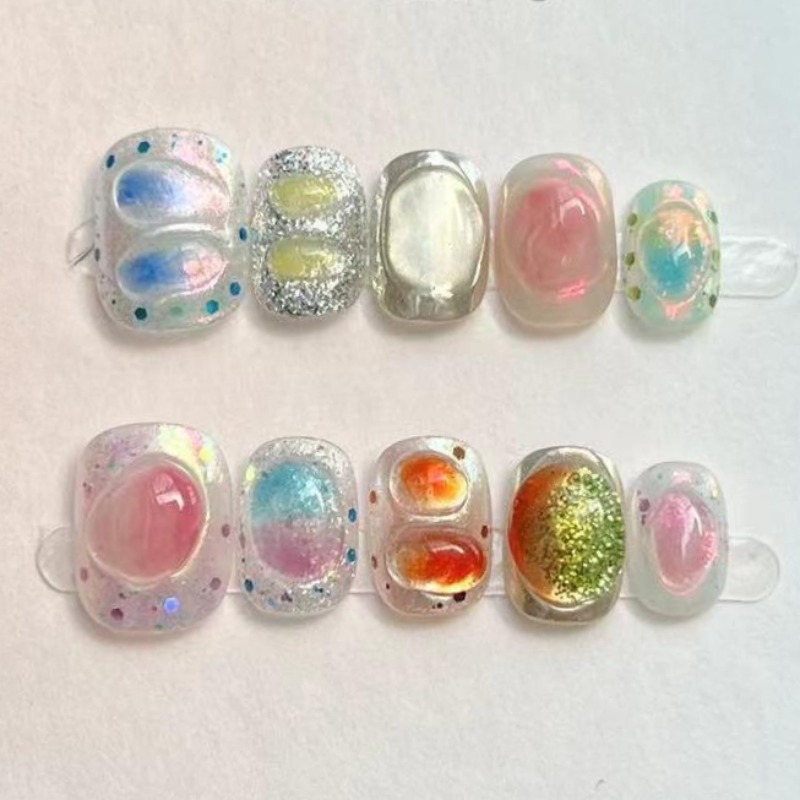 Nail Art Glossy - 10Pcs Cute Short Round Handmade Fake